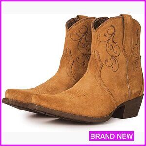 Genuine Leather Cowboy Booties Chunky Heel Pointed Toe Western Ankle Boots